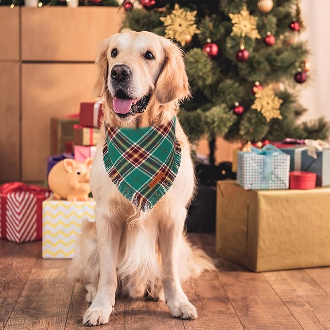 ADOGGYGO Christmas Dog Bandanas with Tassels Edges, Stylish Plaid Xmas Scarf Bib, Red Green Plaid Christmas Bandanas for Extra Large Dogs (X-Large)