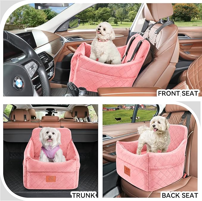 Dog Car Seat for Small/Medium Dogs, Dog Booster Car Seats with Thick Cushion for Dogs Under 35lbs, Detachable Washable Pet Bed with Storage Pockets, 2 Safety Belts (Pink)