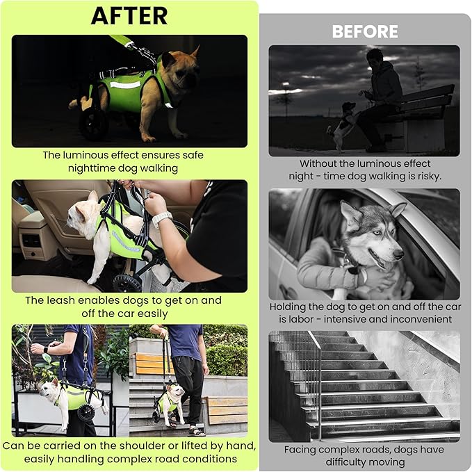 Upgraded Dog Wheelchair for Back Legs - Lightweight Mobility Cart for Small Breed Dogs with Disabled, Injured, or Arthritic Hind Legs - Includes High-Visibility Vest, Leash & Sling Lift -Medium