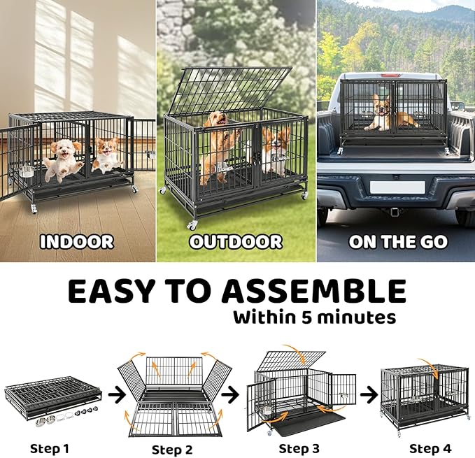 Homey Pet 43 inch Dog Crate Stackable Heavy Duty Dog Kennel Indoor Dog Grooming Cage with Detachable Divider, Removable Tray, Wheels, Feeding Bowls (2 Tiers)