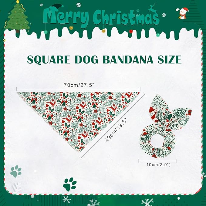 E-Clover Christmas Dog Bandanas & Matching Scrunchie Set White Green Red Dog Scarf Bibs Pet Bandana with Bow Tie for Medium Large Dogs Owner Mom Winter