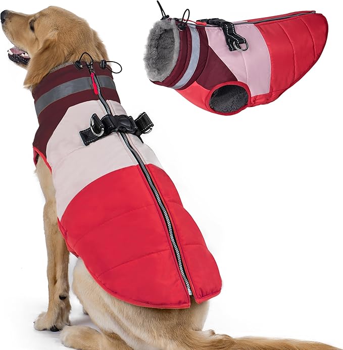 azuza Dog Coats for Large Dogs Waterproof Dog Coat with Reflective Strips and Harness Built in Warm Fleece Dogs Winter Coat Windproof with Back Zipper, Red 3XL