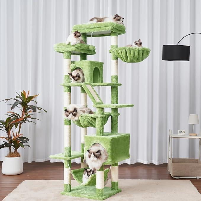 Heybly Cat Tree, 71-Inch Tall Tower for Indoor Cats with 2 Perches, 2 Big Condos, 2 Hammocks, Basket, Scratching Pad, Large Cat Furniture and Condo, Green HCT034GR