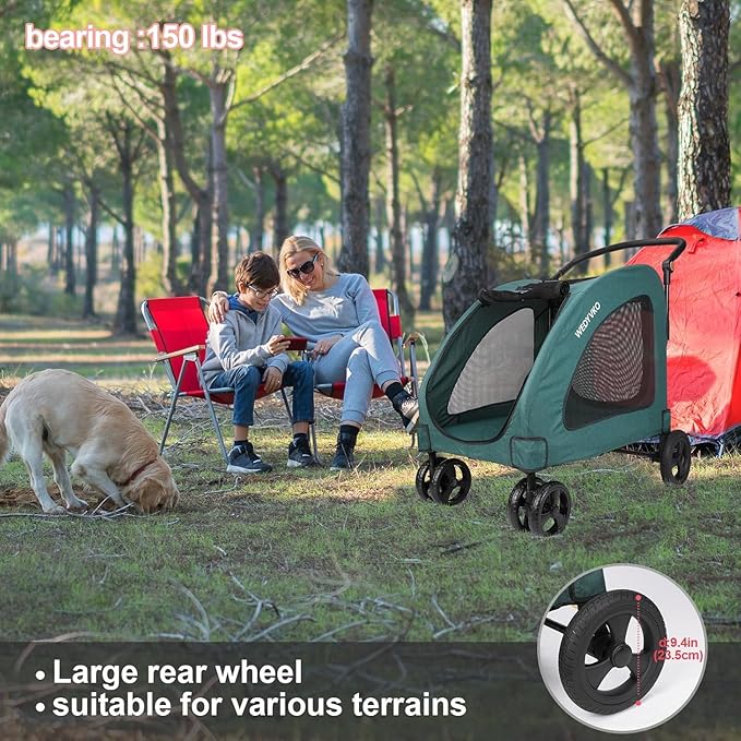 Dog Stroller with 4 Wheels, Folding Cat Strolling for 2 Small/Medium/Large Dogs & Cats to 120 lbs, All-Terrain Breathable Mesh Lightweight Travel Carrier for Jogger Outdoor Use (Dark Green)