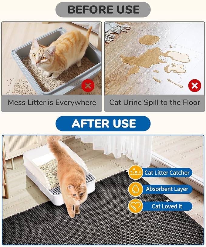 BurgeonNest 45"x32" Extra Large Cat Litter Mat, Honeycomb Double Layer Kitty Litter Trapping Mat, Urine Proof & Waterproof, Easy Clean, Machine Washable, Non-Slip, Scatter Control, Black