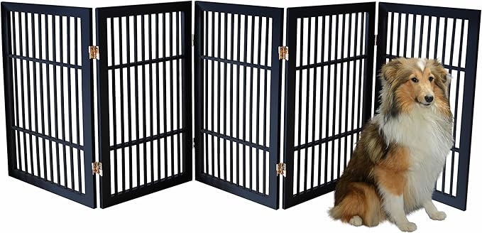Pet Dog Gate Strong and Durable Freestanding Folding Acacia Hardwood Portable Wooden Fence Indoors or Outdoors by Urnporium (Black Pet Gate, 5 Panel 30" Tall)
