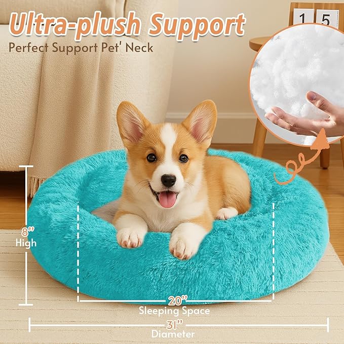 JOLLYVOGUE Medium Calming Dog Bed, Anti-Anxiety Donut Cuddler Cat Bed with Anti-Slip Bottom, Fluffy Faux Fur Machine Washable Pet Cushion for Medium Large Dog & Cat (31")