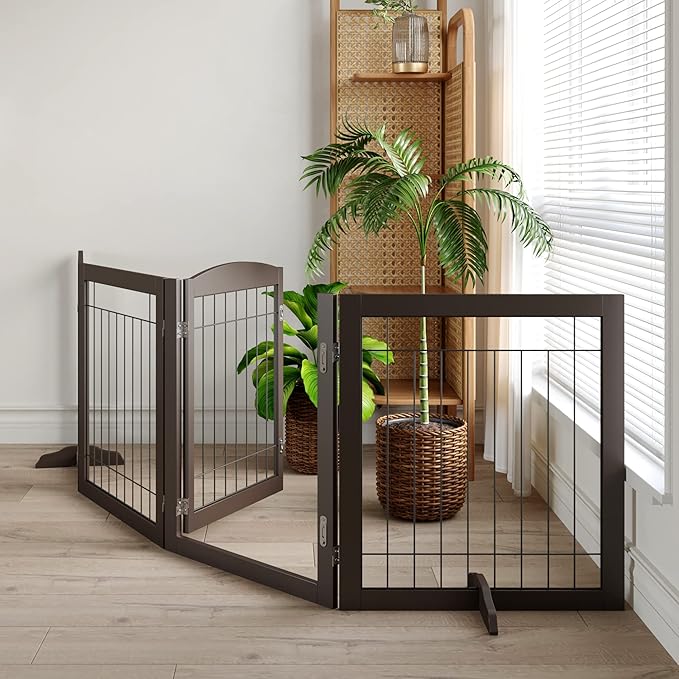 Vantas Folding Pet Gate 96" Wide, 30" Tall No-Assembly Wooden Dog Gate with Door Walk Through, Freestanding Wire Pet Gate, Pet Puppy Safety Fence, with 2PCS Support – Espresso