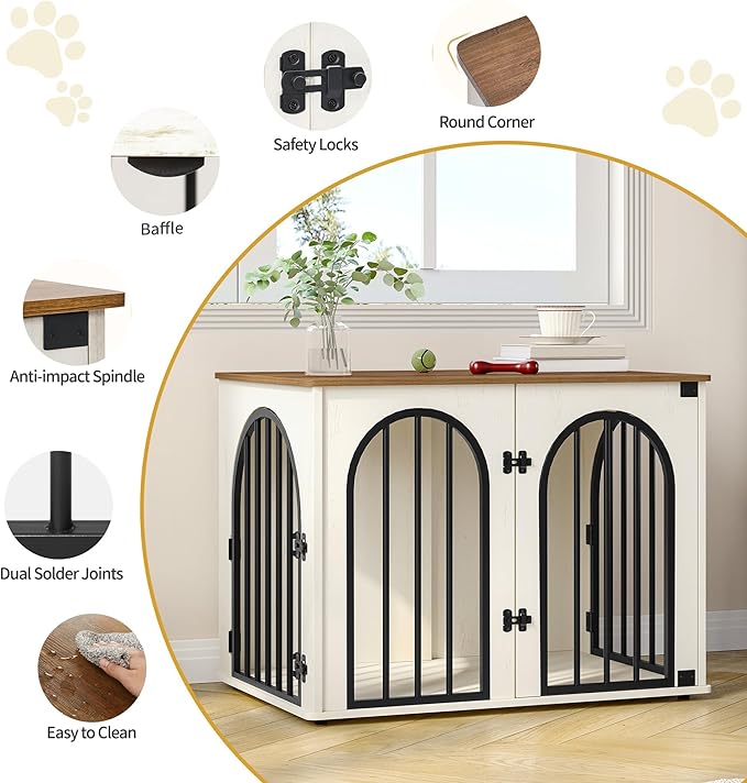 26.8'' Wooden Dog Crate Furniture, Indoor Dog Kennel Dogs Cage for Small Dogs, Heavy Duty Dog Crates Decorative Pet House End Side Table TV Stand, White Brown DFC85514B