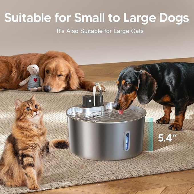 Dog Water Fountain,Wireless Stainless Steel Dog Fountain for Small to Large Dogs,1.8Gal/7L Battery Operated Cat Water Fountain,Water Level Window,Quiet Pump,Multi-Filtration,Easy Clean,3 Filter