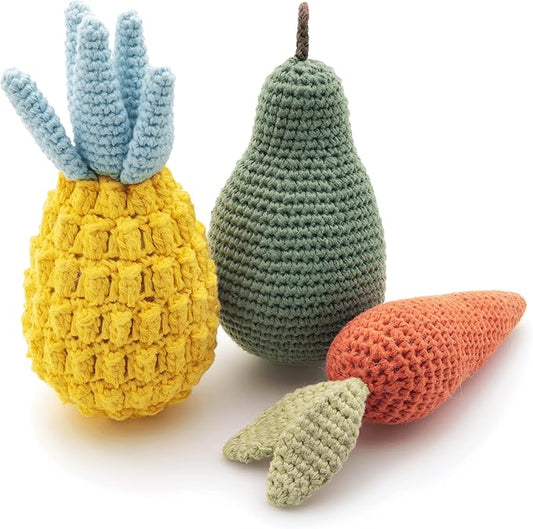 Nina Woof Organic Cotton Squeaky Dog Toys Fruits & Veggies Dog Toy Pack - Handmade Knit Dog Accessories, for Small Medium Dogs, Puppy Essentials and Puppy Toys Perfect Dog Gift