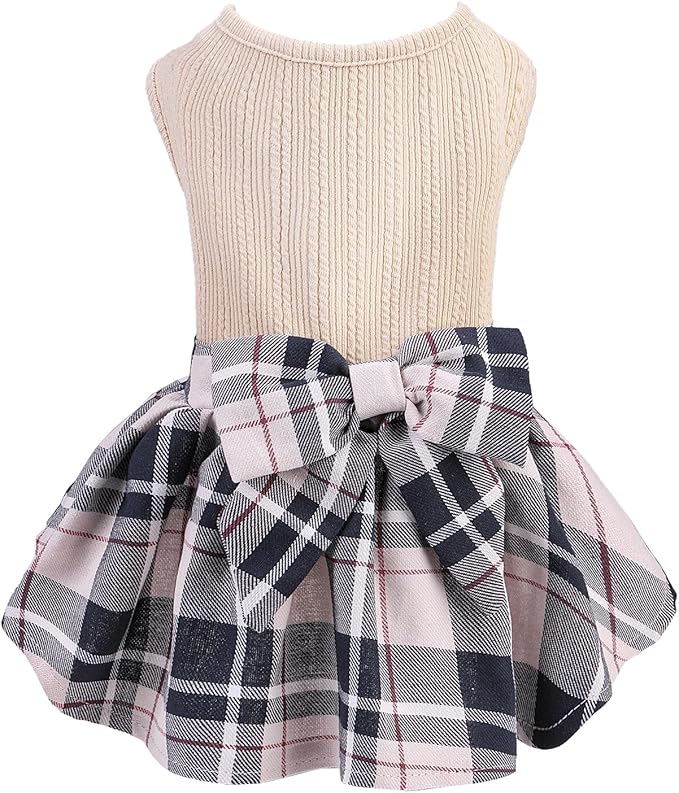 PUPTECK Classic Plaid Dog Dress Pet Apparel with Cute Bowtie Puppy Clothes Outfit,Cream,XS