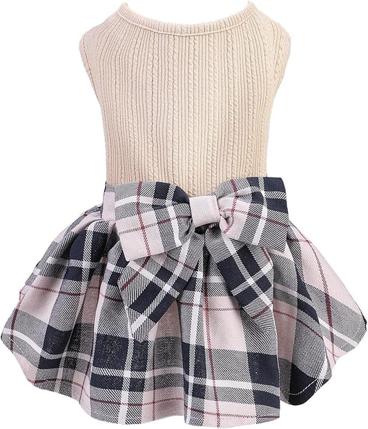 PUPTECK Classic Plaid Dog Dress Pet Apparel with Cute Bowtie Puppy Clothes Outfit,Cream,L