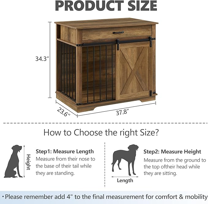 37.8" Dog Crate Furniture - Indoor Wooden Dog Kennel Furniture with Sliding Barn Door and Storage Drawer, Rustic Oak