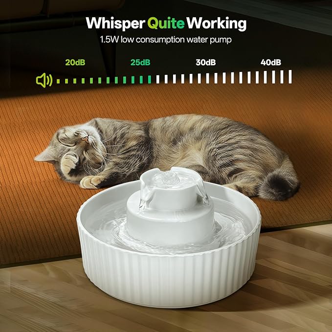 Ceramic Cat Water Fountain, 2.1L/70oz Porcelain Pet Drinking Dispenser with 4 Set Replacement Filter & Sponge, Automatic Dog Water Bowl with Ultra-Quiet Pump, Cat Feeding Watering Supplies(White)