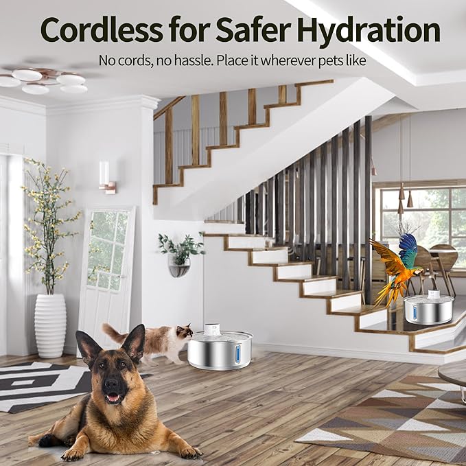 Wireless Dog Water Fountain, 2.1Gal/8L Battery Operated Stainless Steel Pet Water Fountain Motion Sensor Dog Water Bowl Fountain Large Dog Bowl Inside with 3 Filters and 2 Ultra Quiet Pumps