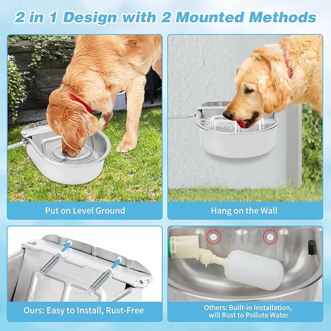 FHTONGE 304 Stainless Steel Automatic Dog Water Bowl Dispenser with Drainage and Float Valves, Large Auto Fill Dog Waterer for Outdoor Big Dogs Livestock Poultry Horse Cow Goat Pig Chicken Duck Rabbit