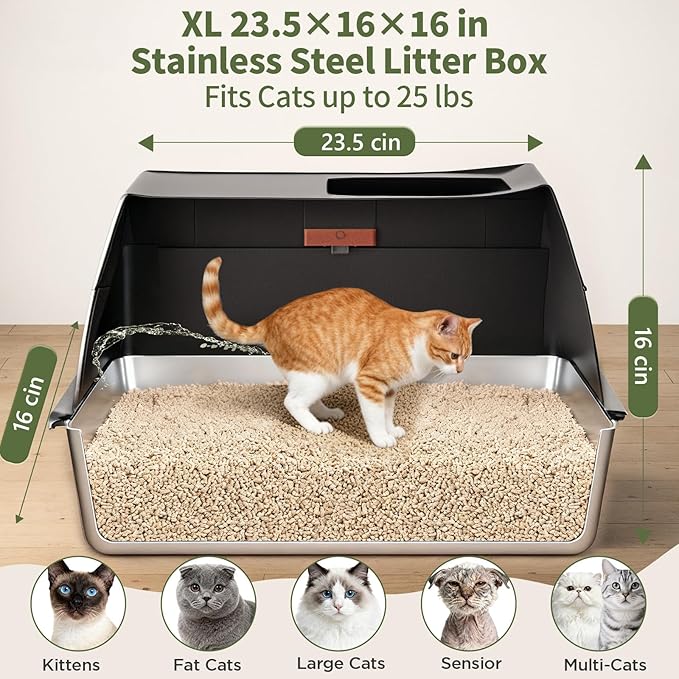 Gimars XL 3-in-1 (Enclosed/Semi-Enclosed/Open) Dual Top/Front Entry Stainless Steel Litter Box with Lid, 16" High Walls, Leak-Proof, Odor Control, Dog-Proof — for Kittens, Big Cats & Multi-Cat Homes