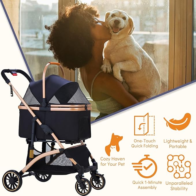 Pet Stroller for Small Dogs, Lightweight Small Dog Stroller for Dogs Cats with 6 Shock Absorption System, Detachable Carrier Suitable for Car Seat & Hand Carry, Safe Outings, Black