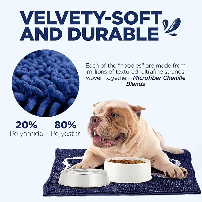 Soggy Doggy Slopmat - Water Absorbing Door Mat for Food and Water - Microfiber Chenille Rug for Muddy Paws and Messy Eaters - Machine Washable (Navy Blue/Oatmeal Bone, 18” x 24″)