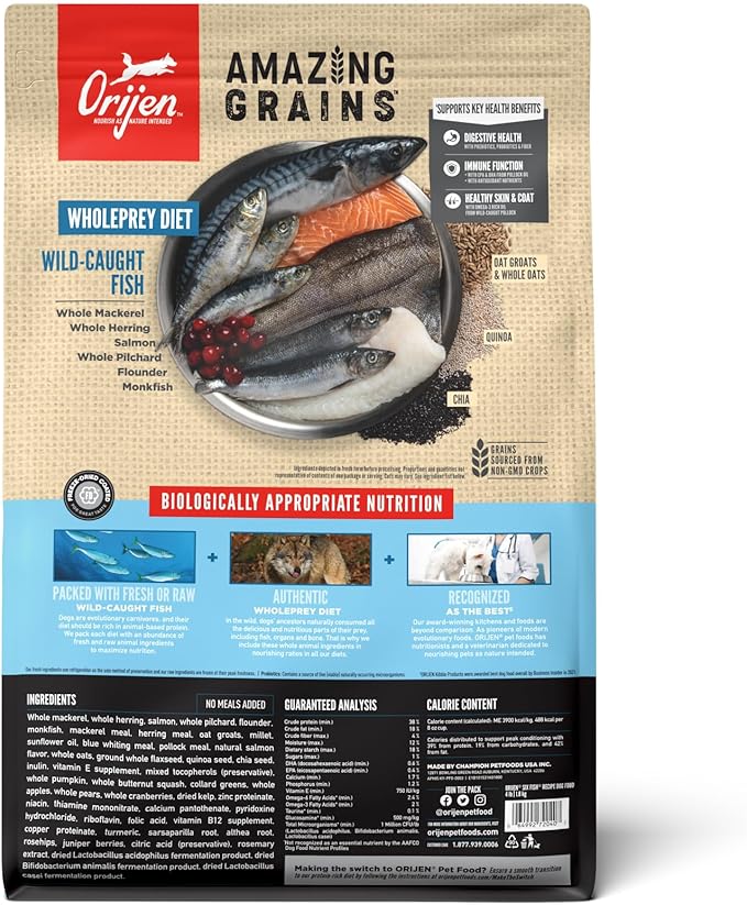ORIJEN Amazing Grains High Protein Dry Dog Food Six Fish Recipe 4lb Bag