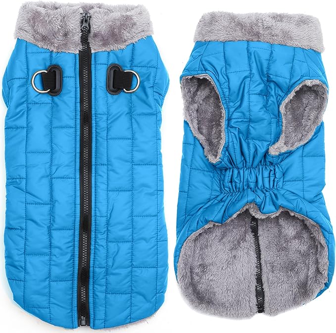 Warm Fleece Dog Coats with Durable Harness Buitl in D-Ring,Waterproof Puppy Jacket for Small Dogs,Dog Vest for Cold Winter,Light Blue M