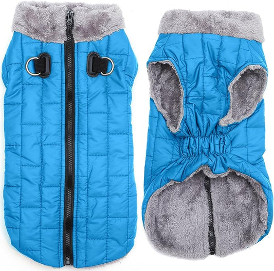 Warm Fleece Dog Coats with Durable Harness Buitl in D-Ring,Waterproof Doggie Jacket for Large Dogs,Dog Vest for Cold Winter,Light Blue XXL