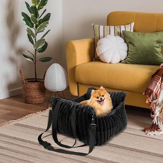 Dog Car Booster Seat, for Small Dogs Under 30 lbs, Detachable Washable Travel Bed with Storage Pockets and Safety Belt (Black, Medium)