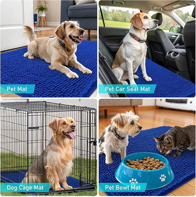 OLANLY Dog Door Mat for Muddy Paws 47x24, Absorbs Moisture and Dirt, Absorbent Non-Slip Washable Doormat, Quick Dry Chenille Mud Mat for Dogs, Entry Indoor Entryway Carpet for Inside Floor, Royal Blue