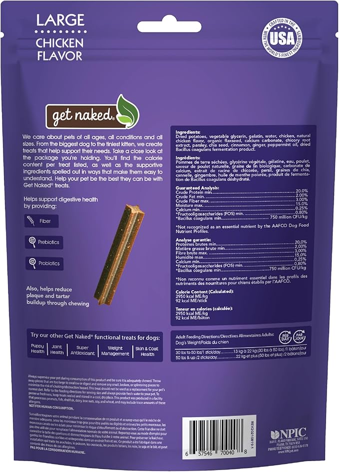 Get Naked Grain Free 1 Pouch 6.6 Oz Digestive Health Dental Chew Sticks, Large