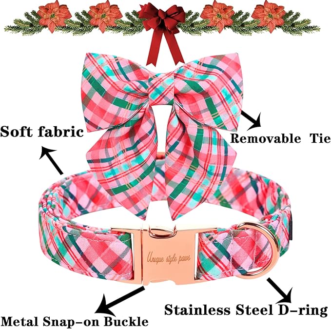 Unique style paws Dog Collar with Tie Pink & Green Plaid Dog Collar Best Gifts for Small Medium Large Dogs -XL
