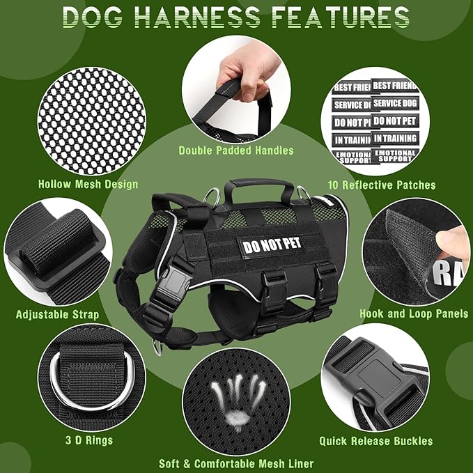 WINSEE Mesh Dog Harness with 10 Pet Patches for Large Service Dog in Training, Breathable Tactical Molle Vest with Double Handles, Reflective Military Pet Vest for Walking Hiking