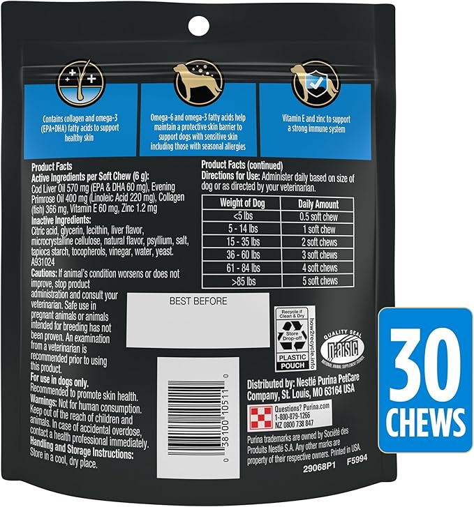 Purina Pro Plan Veterinary Supplements Skin Care Dog Supplements With Omega-3 Fish Oil and EPA and DHA - (Pack of 3) 30 ct. Pouches