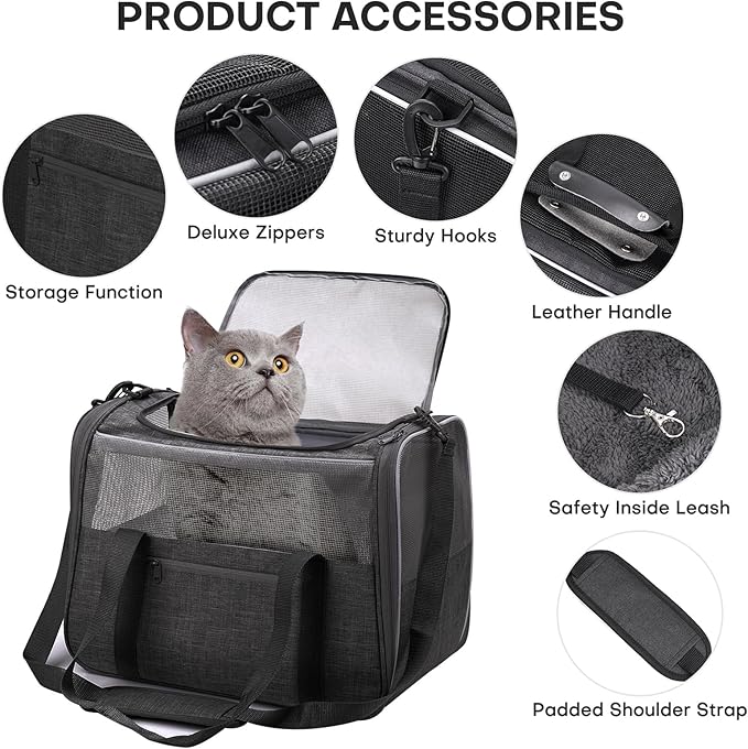 JUNGYOON Large Cat Carrier – Soft-Sided Airline-Approved Pet Carrier Bag with Top Opening, Portable Travel Carrier for Big Cats & Dogs Up to 20lbs – Safety Zippers, Collapsible Bowl, Dark Gray