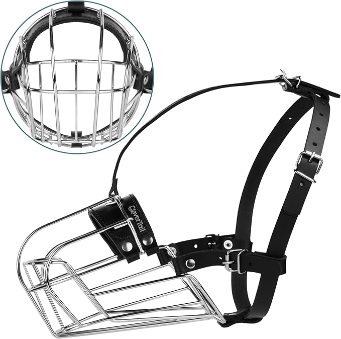 Metal Husky Muzzle for Large Sized Dog – Basket Muzzle for Dogs with Adjustable Leather Straps – Steel Cage Dog Muzzle to Prevent Biting and Eating – Mouth Guard for Large and Medium Dogs