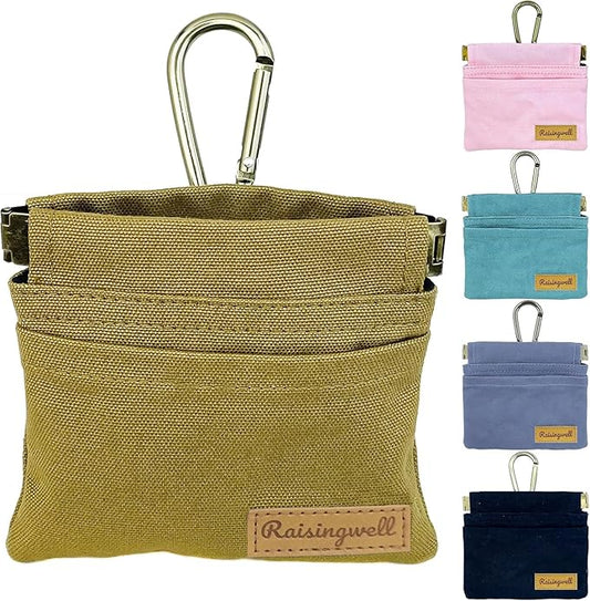 Dog Treat Pouch, Brown Pocket Sized Pet Training Pouch, Cotton Fabric, Hand Free Dog Walking Bag with Carabiner, Self-Closing Pet Feed Snack Reward, for Puppy Travel or Outdoor Use