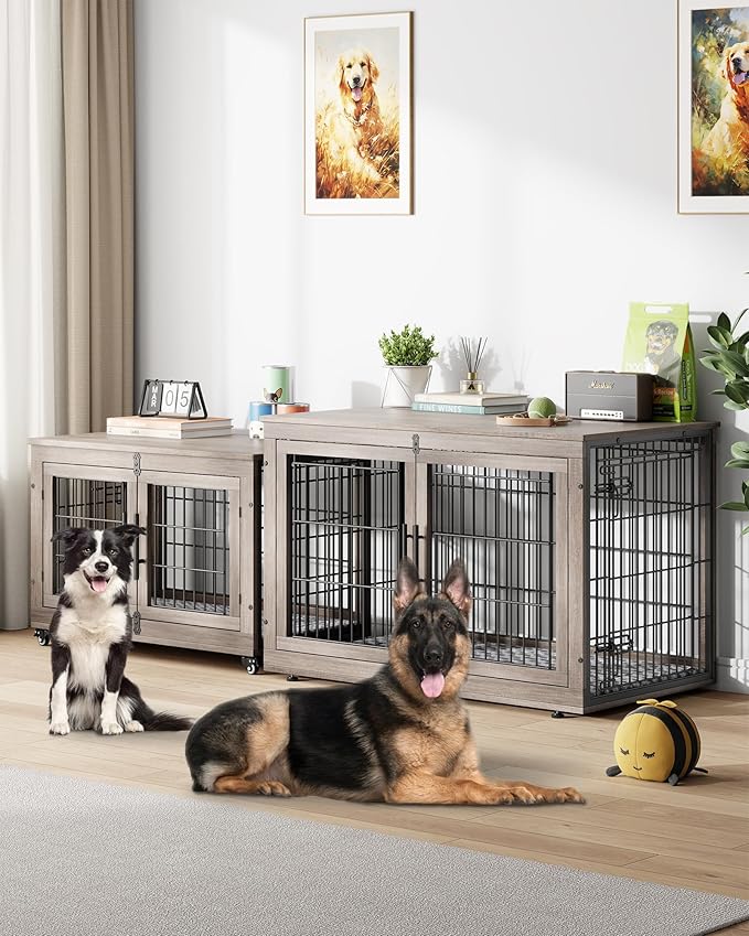Dog Crate Furniture with Cushion Set of 2, Wooden Dog Kennel Indoor with Double Doors, Dog Cage with Wheels, Dog House Side End Table for Large Dogs up to 85 lb, 44" L, Grey