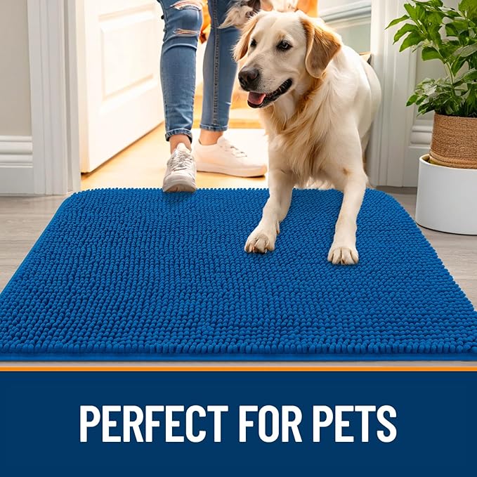 OLANLY Dog Door Mat for Muddy Paws 30x20, Absorbs Moisture and Dirt, Absorbent Non-Slip Washable Doormat, Quick Dry Chenille Mud Mat, Entry Indoor Entryway Carpet for Inside Floor, Deep Navy Blue