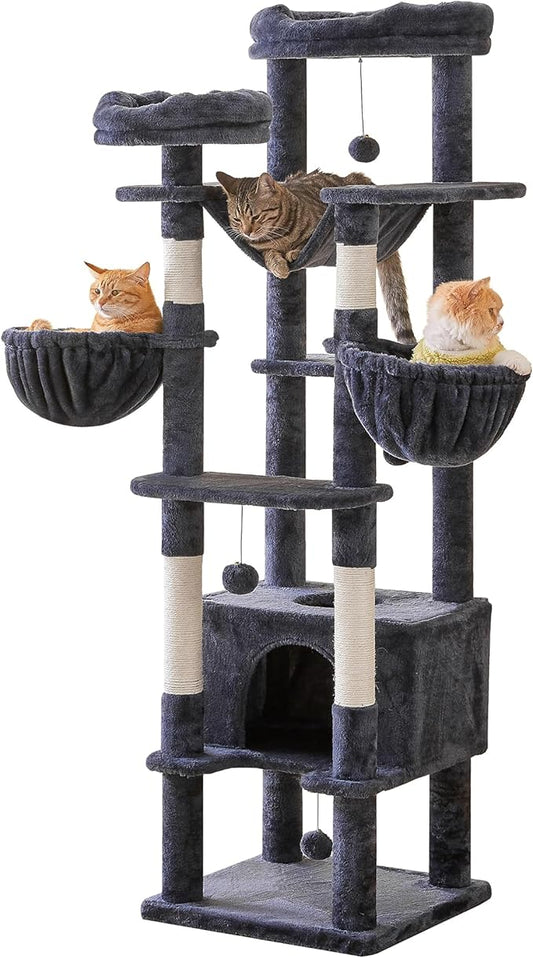 66-Inch Tall Cat Tree for Indoor Cats, Multi-Level Large Cat Tower with 3 Hammocks, 2 Padded Perches, cat Tree Tower with Scratching Post and Hanging Toys for Large Adult,Smoky Grey