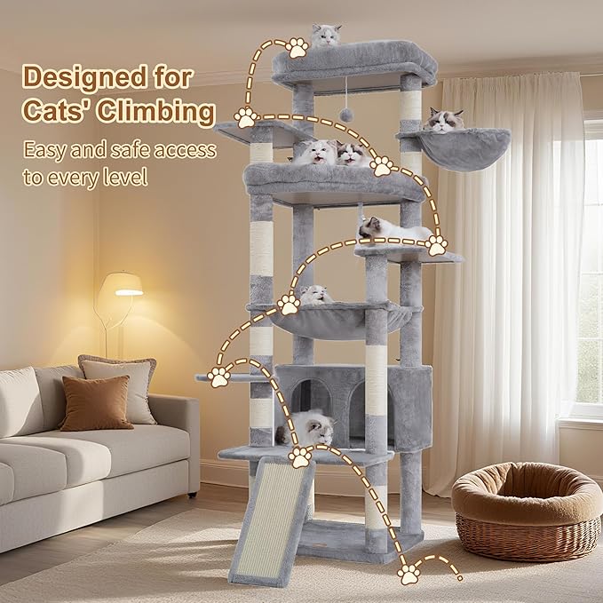 Heybly Tall Cat Tree for Large Cat, 80-inch Multi-Level Cat Tower for Indoor Cats with Large Baseboard, Condo Furniture with 2 Widened Plush Perches,Scratching Board and Big Caves, Light Gray HCT038W