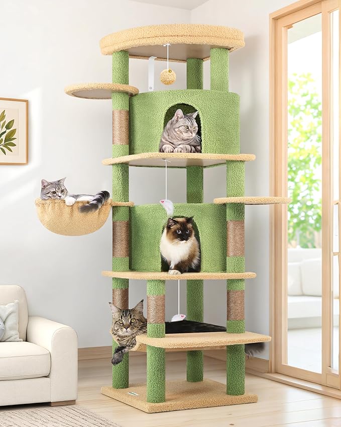 Globlazer Cactus Corner Cat Tree Tower for Large Cat, 66inch Tall Large Cat Tree Condo for Multiple Indoor Cats with 6 Scratching Posts, 2 Spacious Cat Condos, Soft Hammock, Hanging Basket, C66, Green