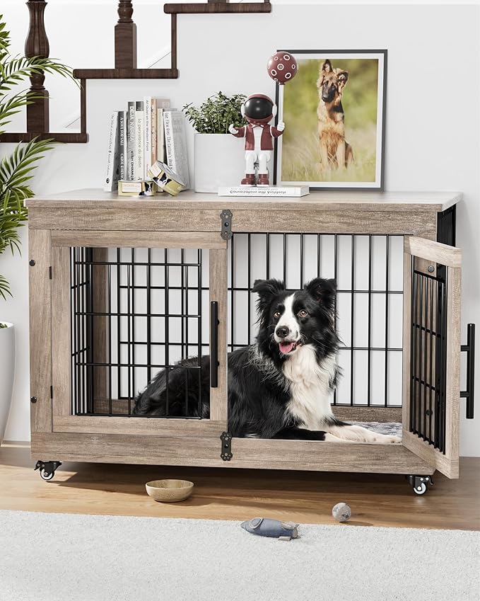 Dog Crate Furniture with Cushion Set of 2, Large Wooden Dog Kennel Indoor with Double Doors, Dog Cage with Wheels, Dog House Side End Table for Large Medium Dogs up to 70 lb, 38.5” L, Grey