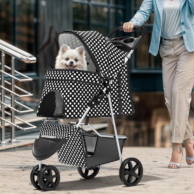 Magshion 3-Wheel Pet Stroller, Foldable Travel Jogger for Small & Medium Dogs & Cats (Up to 33lbs), Lightweight Carrier with Breathable Mesh Cover, Cup Holder & Storage Basket, Black Polka Dots