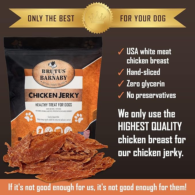 BRUTUS & BARNABY Chicken Jerky Dog Treats- Dehydrated Crunchy USA Premium Fillets, Grain-Free, Preservative-Free, No Fillers. All Natural Chicken Strips are Great for Dogs and Cats (10oz)