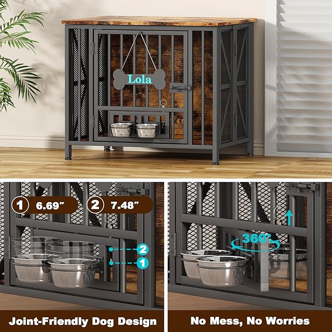 Easycom Dog Crate Furniture, 31.5" Assembly-Free Dog Crates for Small & Medium Dogs, Foldable Dog Kennel Indoor with Tag & Adjustable Dog Bowls, Wooden Dog Cage Use as End Table, Rustic Brown
