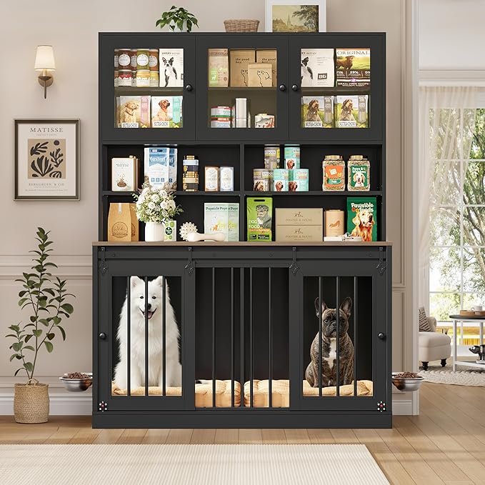 HOSTACK 71" Tall Dog Crate Furniture, 55" W Dog Kennel with Storage Hutch, XL Dog Crate for 2 Dogs with Feeding Bowls, Indoor Heavy Duty Dog Cage with Removable Room Divider, Wooden Pet House, Black