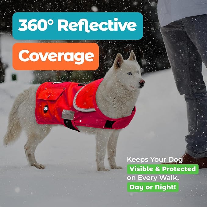 Joyride Harness FrostFlex Dog Winter Jacket - Fleece Lined & Water-Resistant - Snowsuit with Pockets for Treats & Poop Bags - Durable Cold Weather Dog Coat - Red Rush-XXL