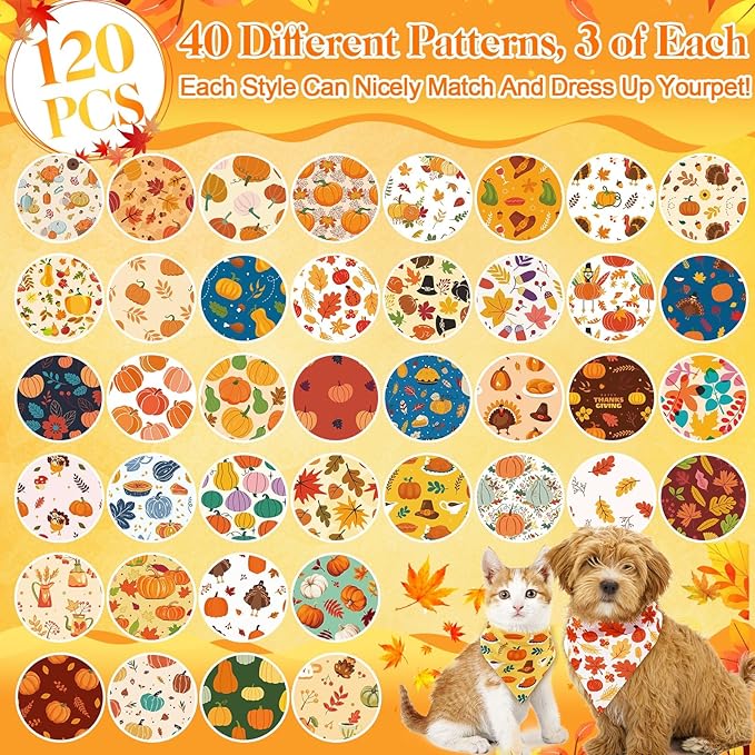 Amylove 120 Pcs Halloween Dog Bandanas Bulk Thanksgiving Day Holiday Triangle Dog Pack Puppy Kerchief Bandana Adjustable Pet Scarf for Pet Cat Costume Accessories Decor(Turkey)