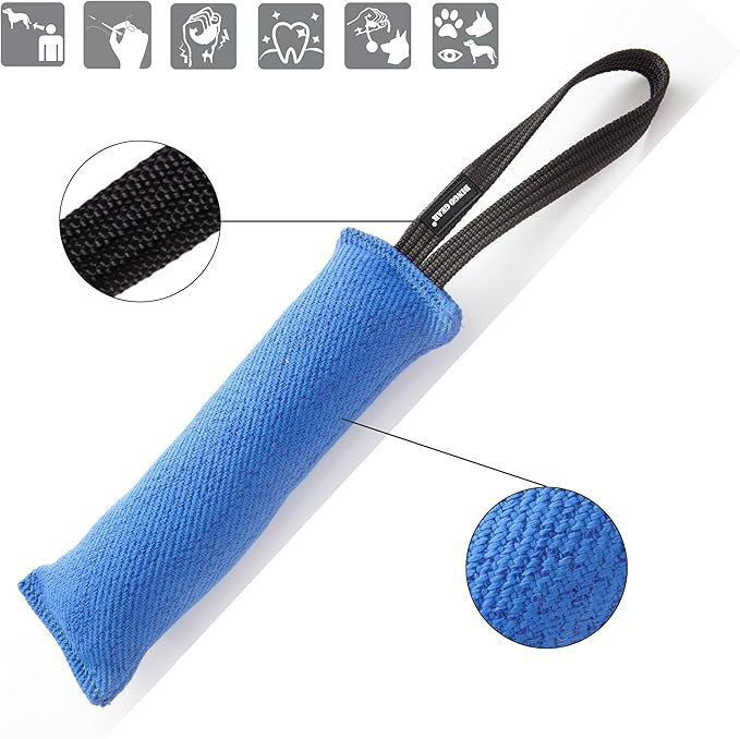 Dingo Gear French Linen tug Toy for Dog, Bumper Toy for Training, Agility, tug of war, bite Pillow for Strong Dog, 1handle 11in Blue S00061