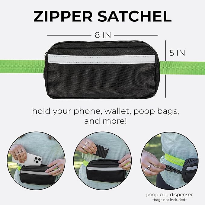 Squirrel Products Hands Free Dog Leash with Hip Belt/Crossbody Strap, Zipper Pouch, and Shock Absorbing Bungee for Walking or Jogging with pet (Green, Black)